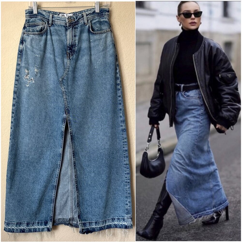 Zara Distressed Released Hem Front Slit Denim Blue Jean Midi Skirt - Picture 2 of 9